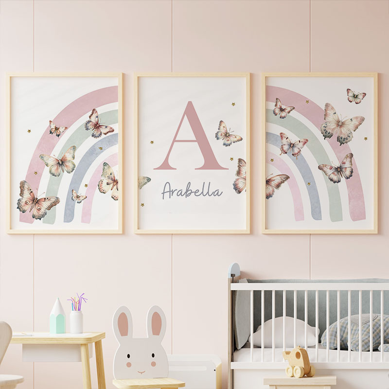 Baby Nursery Decor Girl - Rosa arco-íris borboleta nome do bebê